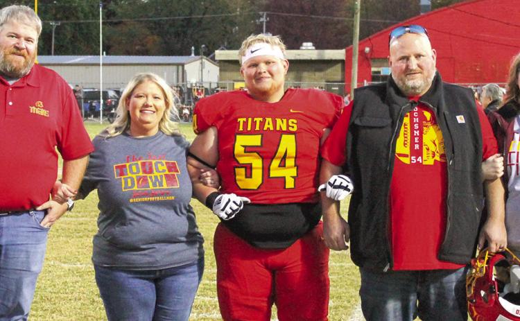 Titan Senior, Maddox Ochsner, was recognized on Senior Night at Titan Stadium, October 25. Maddox is a four-year member of the Titan Football Team and a four-year member of the Titans Band. He was escorted by his parents, Matt and Casey Butterworth and Troy and Melissa Ochsner.