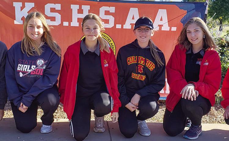 The Lady Titan Golf Team qualified for the Kansas Class 3-1A State Championship Golf Tournament, Monday, in Hutchinson. Sophomore, Mallory Thompson, made the cut to play on day two of the championship, shooting a 94 through the first 18 holes. Team members were on hand to encourage her through the second round of 18 at the Carey Park Golf Course. Courtesy Photo.