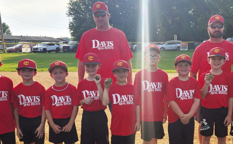 Members of the Davis Real Estate 8U Coach Pitch Team collected their third place medals at the Columbus Cal Ripken League Closing Ceremony, June 27, at the Community Field Ball Park. Team members include Gus Garrison, Kayson Kessinger, Baylor Bowman, Connor Crain, Luke Bell, Kolt Carter, Kasey Rowe, Colt Crain, and Brady Hale. Coaches for the team are Craig Hale and JJ Carter. Coach Shawn Rowe and players David Gilliam and Kamden Sallee were not present for the ceremony. Courtesy Photo.