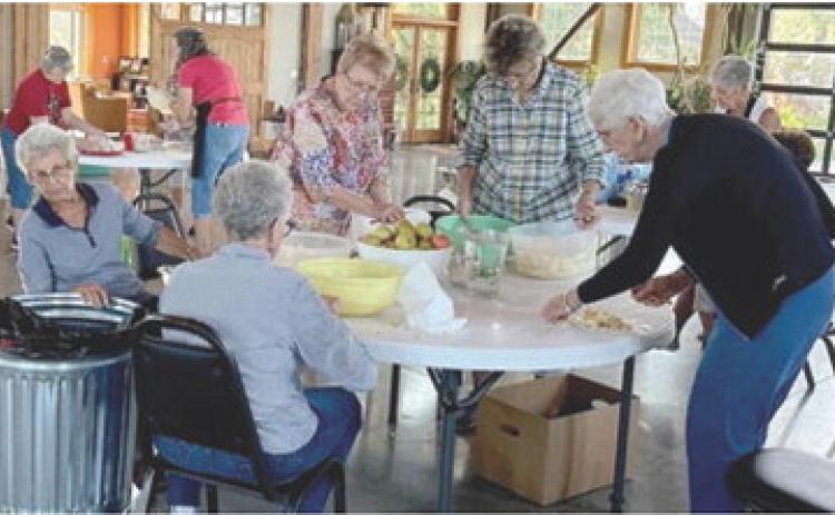 Members of Columbus First Christian Church gather each fall to cut and peel bushels of apples to make their famous pies. Beverly Rahmeier, Geneva Grubbs, Lorna Stover, Retha Schultz and Colleen Johnson were hard at work peeling and slicing. Courtesy photo
