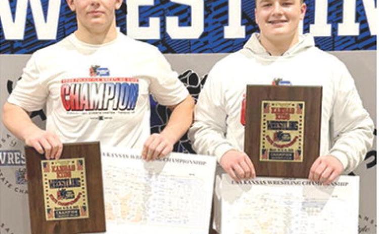 Columbus Wrestling Club Wrestlers, Kash and Cajen Smith won state championships in their respective weight classes, Saturday at the USAWKS 2025 State Folkstyle Championship Tournament in Topeka. Kash won the 14 and under 205-pound weight class and Cajen won the 12 and under, 215 weight class.