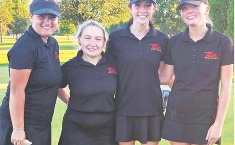 Four Columbus Lady Titans finished in the top ten at the Galena Invitational Golf Tournament to capture the team title at the Schifferdecker Golf Course, Thursday. Right to left, freshmen, Cali Carpino secured her second win of the week to pace the Lady Titans with a round of 82 on the 18-hole, par 71 course. Natalie Wary, junior, placed fifth, Amory Neely, junior, was ninth, and freshman, Fallon Smiley, placed tenth in the field of 35 golfers and a team score of 396 for the win. Courtesy photo.