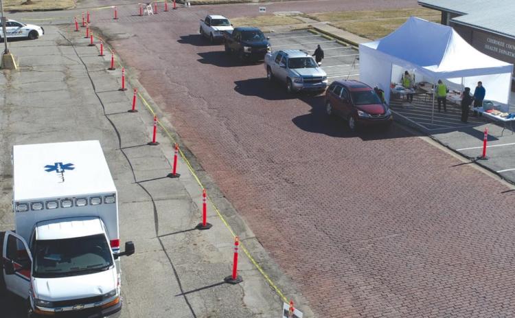 Appearing from the air to be something reminiscent of a M*A*S*H field hospital, the Cherokee County Health Department drive through COVID 19 Vaccine Point program in Columbus began on Friday with over 125 inoculations completed that day and another 125 are scheduled for today (Monday). Courtesy photo.