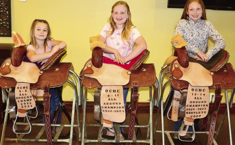 The high point overall winners for the Ottawa County Horse Club 2022 series included ages eight and under Chayni Crockett, ages nine-11 Jazlin Cox and ages 12-14 Akissa French. Photo by Debra French.