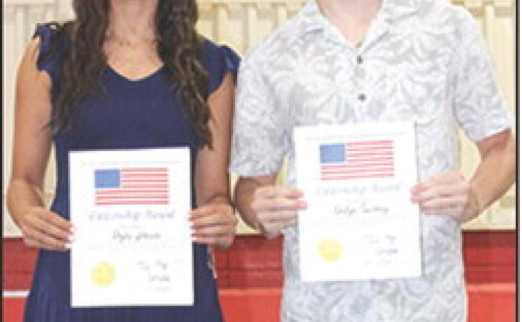 Seniors, Brylie Johnson and Korbyn Newberry received the Kansas State High School Activities Association’s Citizenship Award during the Columbus Unified High School Senior Assembly at the CUHS Gymnasium, May 18. The award is presented for excellence as an exemplary young citizen who has demonstrated a marked respect for country, assumed responsibility for improving school and community, and has shown reverence for life. Kerry Sachetta, Columbus Alumni, presented the awards.