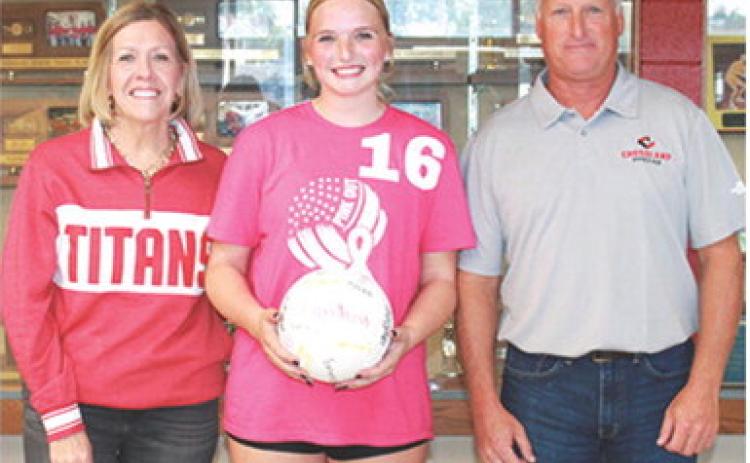 Landrey Perry, Lady Titan Senior Middle Hitter/Blocker for the CUHS Volleyball Team was recognized October 6 during Senior Night/Pink Out at the Columbus Unified High School Gymnasium. Landrey is a four-year member of the Lady Titan Volleyball and Wrestling Cheer Squad and a one-year member of the Titan Dance Team. She plans to continue her education and work towards a Bachelors Degree in Elementary Education or Speech Pathology. She was escorted by her parents Kim and BJ Perry.