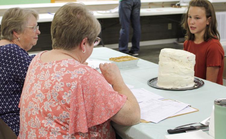 Remi Schuberger talks with the judges about one of her entries during the foods judging. Her cake had several layers in different colors.