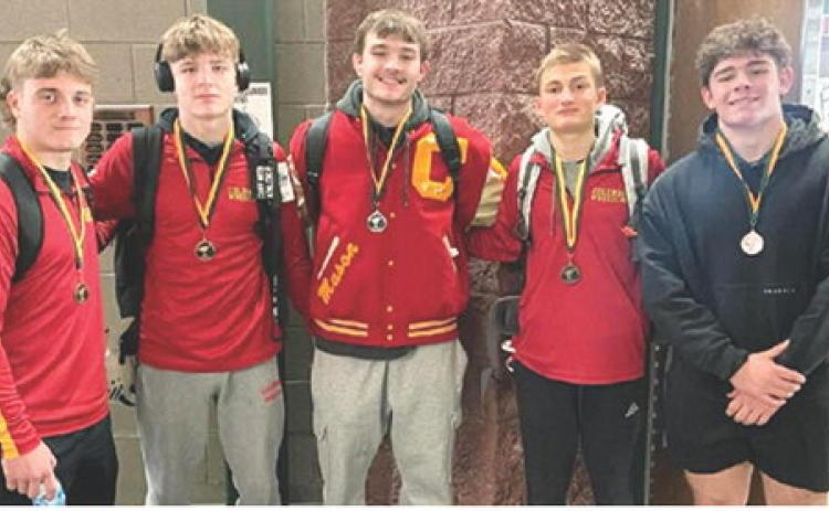 Five Titan Wrestlers placed in the top ten at the Basehor-Linwood Bobcat Classic, Saturday. Braun Stone, Chase Pelt, Mason O’Banion, Carlson Britt, and Kash Smith led the Columbus Team to a tenth place finish in a field of 43 schools from Kansas and Missouri. Courtesy photo.