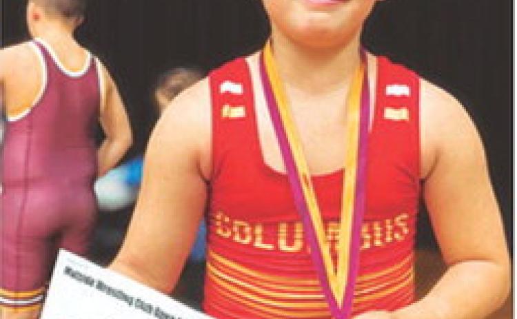 Bearett Bowin placed first in the boys eight and under, 76-88 weight class of the Matside Wrestling Club Tournament, Saturday, in Girard. Courtesy photo.