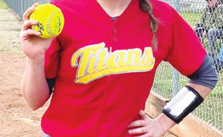 Katie Simpson, Lady Titan Sophomore, hit a home run against at Cherryvale in the Lady Titans twogame sweep of the Lady Chargers, 16-1 and 16-3. Courtesy Photo.