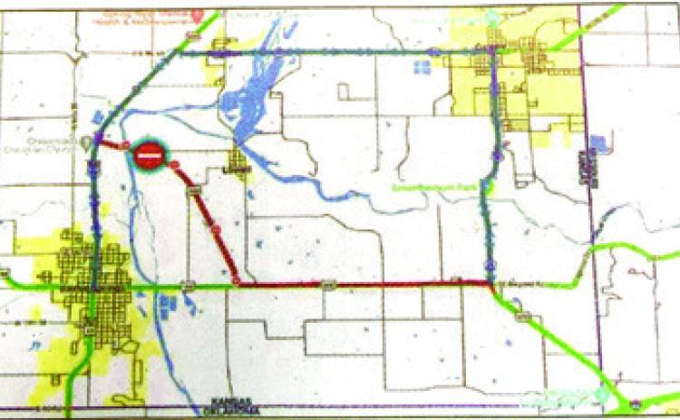 Map of planned road closing and detour routes east of Baxter Springs.