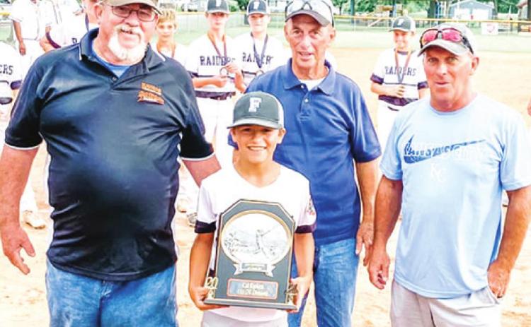 Jack Spear received the AHHP Award at the Kansas Cal Riken 11U-12U State Tournament, Monday in Frontenac. Presenting the award are: State Assistant Commissioner, Dennis Nevin, Kansas District 5 Commissioner, Daryl Spear, and Assistant District 5 Commissioner, Doug Spear, Monday in Frontenac. Jack was also honored with the Attitude, Hustle, Hustle, and Pride Award in the 2019, 9-year-old tournament. Courtesy Photo.