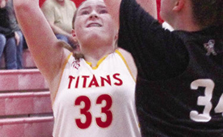 Lady Titan Seventh Grader, Gracie Stanley, scored to tie the game, 10-10 in the third quarter of the 1210 loss to Frontenac, Tuesday, at the Central Gym.