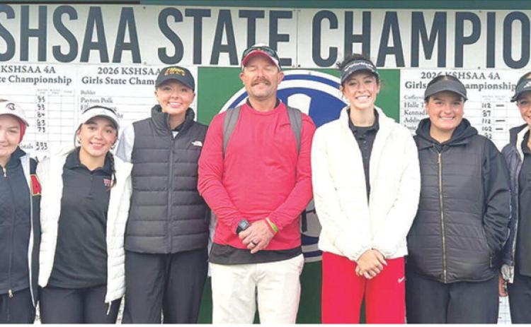 The Columbus Lady Titan Golf Team placed sixth out of 12 teams at the Kansas Class 4A State Golf Tournament, Tuesday, at the Turkey Creek Golf Course in McPherson. Team members are: senior, Amory Neely; senior, Hannah Noel; sophomore, Cali Carpino; Head Coach Jerry Smiley; senior, Natalie Wary; sophomore, Fallon Smiley; and freshman, Tyler Kirk. Carpino tied for fifth place individually and Wary tied for 15th to earn medals for Columbus. Courtesy photo.