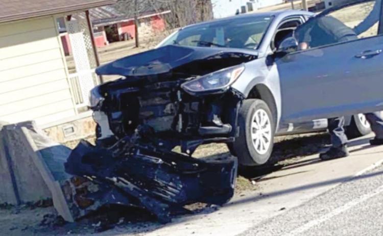 After another vehicle swerved to miss dog, 21 year -old Kellyn Delaney Lipasek of Baxter Springs, who was traveling north in a 2020 Hyundai, made an evasive maneuver to avoid that vehicle and struck the railing of a sidewalk bridge. The vehicle continued forward striking a concrete wall. The accident occurred Wednesday at approximately 3:39 p.m. in the 500 block of South High School in Columbus. Courtesy photo.