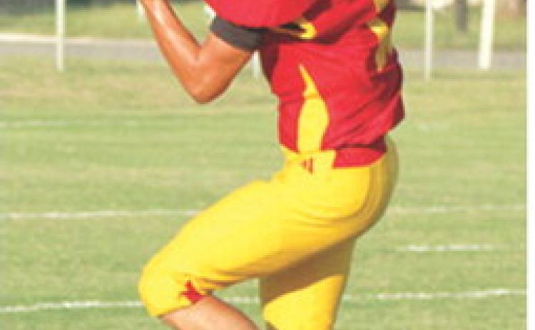 Freshman, Hayden Kellogg, pulled down a pass from freshman QB, Blaze Bowman and ran for one of his two receiving touchdowns in the 28-18 win over Galena, Monday, at Titan Stadium.