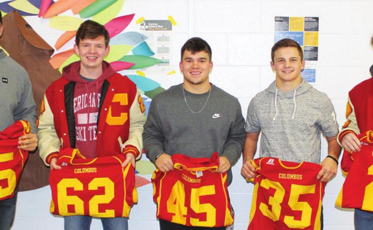 Titan Seniors, Kody Schalk, Nathan Stice, Gabe Martin, Trent Smith, and Jaxson Haraughty were recognized and presented with their jersey during the 2021 Titan Football Awards Ceremony, Wednesday, at the Columbus High School Cafeteria. The five seniors accounted for 52 percent of the Titan scoring, 42 percent of the total team tackles, 83 percent of yards rushed, and 68 percent of the team’s tackles for loss.