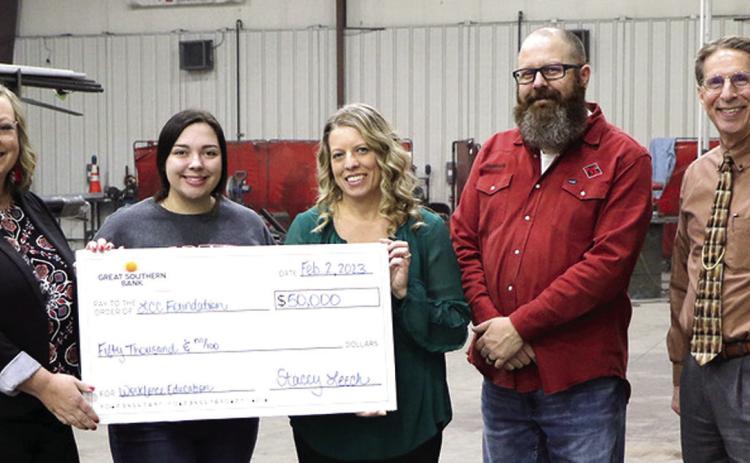 Labette Community College receives generous gift from Great Southern Bank. Picture left to right: Lindi Forbes, Foundation and Alumni Association Director; Bryanna Winters, Welding Instructor; Stacey Leech, Great Southern Bank; Travis Brumback, Welding Instructor; and Mark Watkins, LCC President. The funds will go for the expansion of the LCC Workforce Center. Courtesy photo.