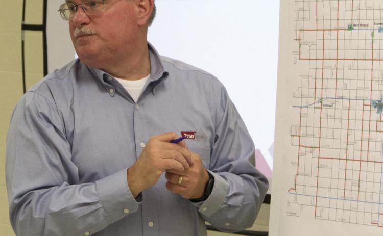 Kansas Department of Transportation held local workshop in Cherokee County. James Stanek with TranSystems, Inc. talked with school transportation directors and other officials.