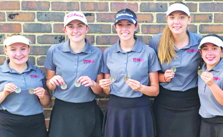 The Columbus Lady Titan Golf Team placed second in the Frontenac Varsity Invitational, Monday, continuing as a top-two team through their first three tournaments. Amory Neely (ninth), sophomore; Mallory Thompson (third), senior; Natalie Wary (seventh), sophomore; Anna Head (tenth), senior; and Hannah Noel (19th), sophomore, teamed up for 352 strokes on the 18-hole course. Courtesy photo.