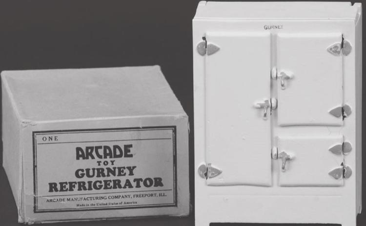 This toy refrigerator can be dated by the square section that held a block of ice, an early type used from the 1840s. It sold at auction in “unplayed with” condition with a pristine box for more than $1,000.