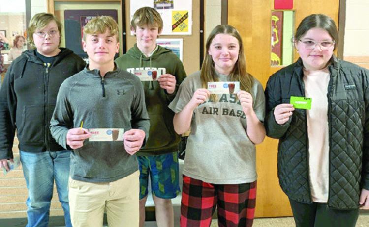 The High School SAFE (Seatbelts Are For Everyone) has extended to the junior high. Each month, there is a drawing from those who have pledged to wear seatbelts. Columbus Junior High winners were Xavier Bryant, Braun Stone, Jayden Lopp, Alli Sargent and Mya Glover. Courtesy photo.