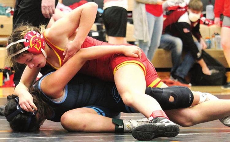 Lady Titan Freshman, Sophie Lloyd took third place in the Independence Girls Tournament, Saturday. Sophie wrestled with the Titan Junior High Team and continues to grown and improve in her rookie season at the high school level. Courtesy Photo.