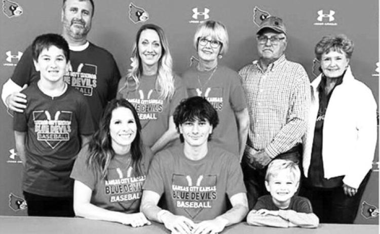 Cohen Epler, Webb City High School Senior, signed a National Letter of Intent to extend his baseball career with the Kansas City Kansas Community College Blue Devils. Members of his local family were on hand last fall for the official signing. Seated: Ashlee Epler, Cohen Epler, and Cru Epler. Standing: Conlin Epler, Charlie Epler, Lizzie Epler Roberts, Marilyn Epler,Tom Epler and Jane Ann Turner. Courtesy photo.