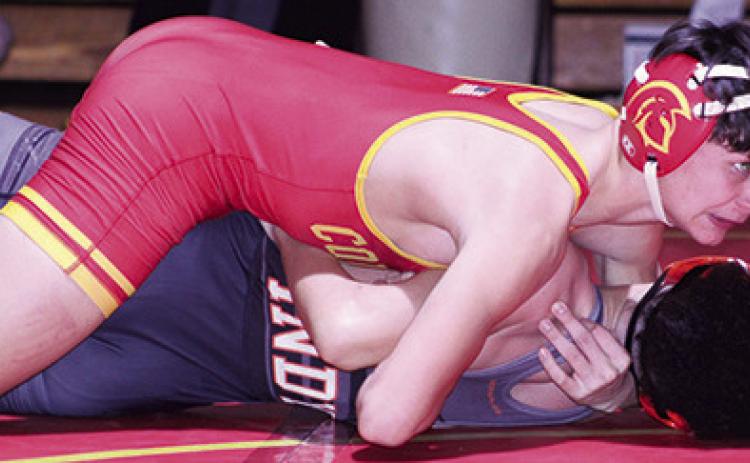 Titan Freshman, Jayden Rodriguez, won by fall over his Independence opponent, Gullick, in dual matches, Tuesday, at the CUHS Gymnasium.