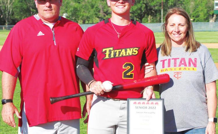 Titan Senior, Jaxson Haraughty, was recognized on Senior Night, Thursday at Bomber Field. The postponed event took place during a three-team junior varsity make-up, triple head. Jaxson is a four-year member of the Titan Baseball Team. He was escorted by his parents, Troy and Crisha Haraughty.