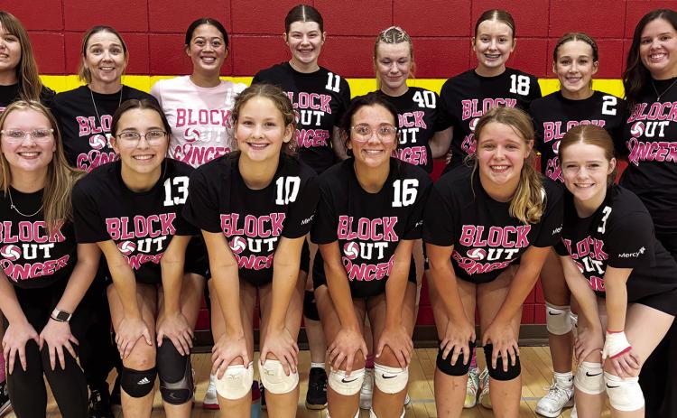 The Lady Titan Volleyball Team hosted Chetopa and Galena for a “Block Out Cancer” night, Thursday, at the CUHS Gym. Team members are front row: Chloe Rogers, manager, Torey Tedlock, Ruby Stover, Katy Mooney, Morgan Richards, and Bentley Townsend. Back row: Mackenzie Richards, manager, Lady Titan Head Coach, Ryan Lacen, Trinity Adoramos, Katelyn Draeger, Kensley Blackledge, Trinity Green, Tatum Kirk, and Lady Titan Assistant Coach Sydnee Spear.