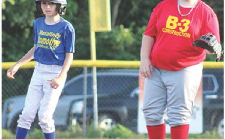 B-3 Construction’s third baseman, Ryker Saporito, holds the Natalini Automotive/ NAPA runner, Kalvin Davenport on base in the 10 and Under/Minor League game at Volunteer Field, Wednesday. ( Courtesy photo.)
