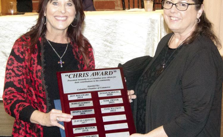 Chris Award recipient Tess Watson was presented her Chris Award by Columbus Chamber Ambassador Committee Chairperson Sonja Duley.