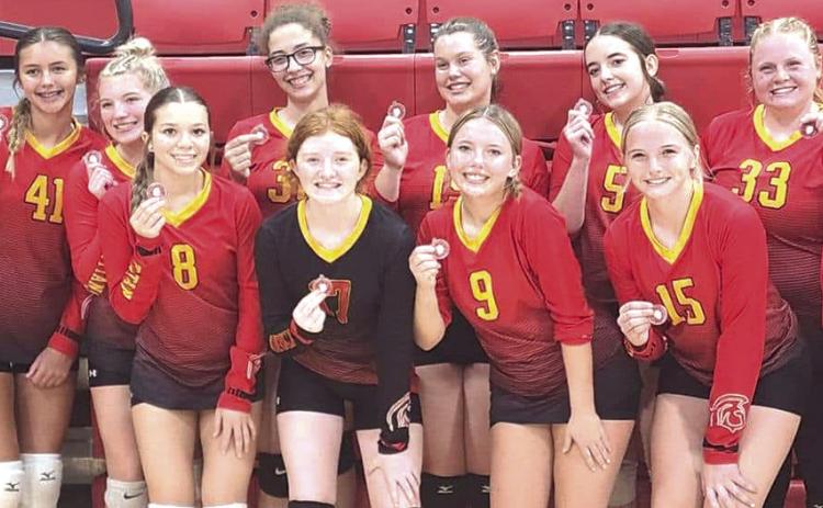 The Lady Titan Junior Varsity Volleyball Team took second place at the Fort Scott JV Tournament, Saturday. The team will be in Galena tomorrow for a tournament beginning at 9 a.m. Team members are back row: Coach Sydnee Spear, Addi Wilson, Emma Parson, Destynne Goff, Marissa Lawson, Mikayla Freeman, and Madisen Rand. Front row: Morgan Duling, Kennedy Reichardt, Shea Carter, Landrey Perry, and McKenzie Richards, manager. Courtesy photo.
