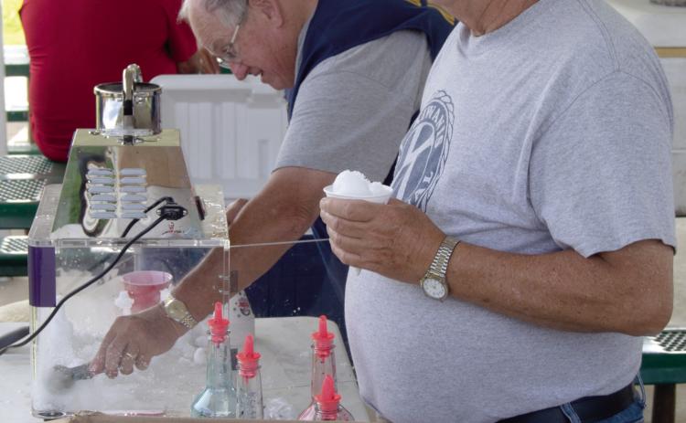 The Baxter Springs Kiwanis Club members were busy handing out snow cones and cotton candy to the crowd at “Light up the Sky” event Saturday evening before the fireworks at Kiwanis Park. Casey Roberts and Jim Day were busy serving the treats.