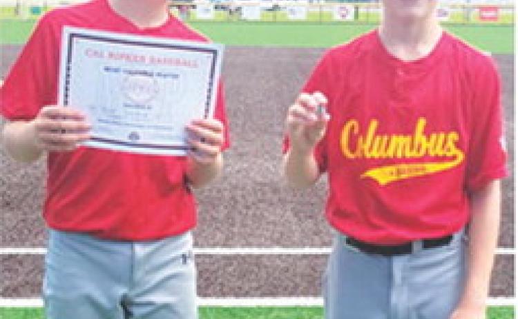John Parsons earned the Most Valuable Player Award and Bode Saiz received the WOW Award in Game 1 of the Kansas Cal Ripken 12U State Tournament, July 17, in Frontenac. The Columbus All-Stars took a big win, 18-1, over Fredonia in the tournament opener. Courtesy photo.