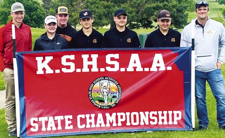 Members of the Titan Golf Team that qualified in the team competition, as Class 3A Regional Runner-up, for the Kansas Class 3A State Golf Championship in Dodge City, Monday are show at the tournament with coach Cody Murdock. None of the Columbus Squad was able to advance to day two, missing the cut and ending the season. Team members are: Cole Youngblood, Luke Gray, Slade Parker, Mack Kirk, Zane Gray, and Tucker Schalk. Courtesy Photo.