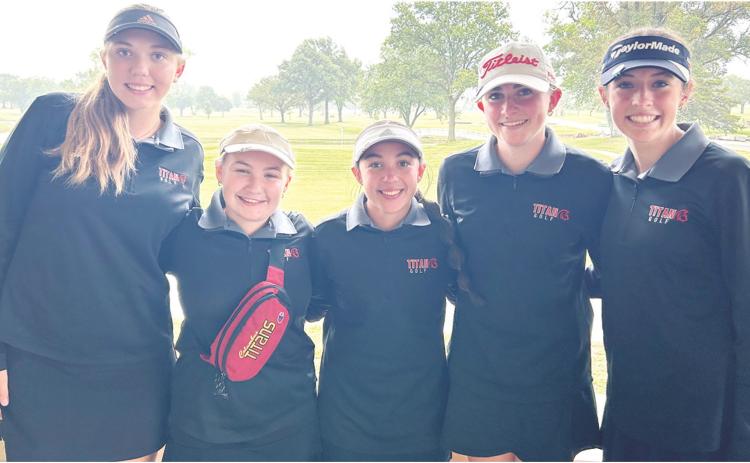 Members of the Lady Titan Golf Team placed third in the Chanute Invitational Tournament, Tuesday, behind St. Mary’s-Colgan and Caney Valley. Senior, Mallory Thompson, led the team with a third place finish. Team members are: Anna Head, Amory Neely, Hannah Noel, Thompson, and Natalie Wary. Courtesy photo.