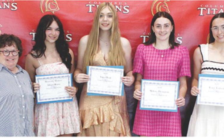Members of the Senior Class receiving Cherokee County Democratic Party Scholarships are: Allison Burns, Honorable Mention; Anna Head, $250; Mallory Thompson, $100; and Torey Tedlock, $100. Scholarships were presented during the Senior Assembly, May 16, at the Columbus Unified High School Gymnasium by party representative, Janie Jarrett.