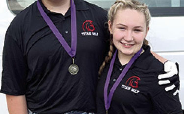 Lady Titans Jaiden Campbell and Amory Neely placed in the top ten at the Pittsburg Junior High School Invitational Tournament, Monday, at Four Oaks Golf Course. Amory placed seventh and Jaiden was tenth in the girl’s division. Amory also placed seventh at the Independence Golf Tournament, April 3. Courtesy Photo.