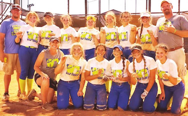The 14B Wild Thangz Softball Team won the Kansas USSSA State Championship, Sunday, in Wichita. Team members are back row: Coach Kurt Major, Graci Major, Reese Grundy, Mady Garcia, Taryn Billings, Chloe Rogers, Torey Tedlock, Kaitlynn (KT) Lopp, and Coach Steven Lopp. Front row: Head Coach Lorie Johnson, Macey Allison, Brylie Johnson, Presley Tedlock, Harley Long, and Ellie Helms. The win was the third USSSA State Championship for the Columbus team. Courtesy photo.