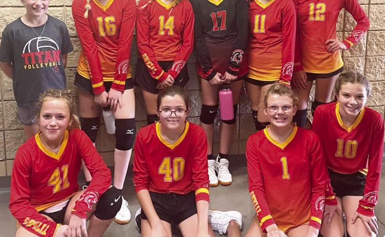 The Seventh Grade Lady Titan Volleyball Team played three matches in the Galena Seventh Grade Volleyball Tournament, Saturday. Team members and their mini manager are back row: Ali Walters, Kensley Blackledge, Kodi Jo Davis, Emma Parsons, Americus Woodcock, and Addilyn Wilson. Front row: Hannah Major, Madison Duling, Reese Carter, and Morgan Duling. Courtesy Photo.