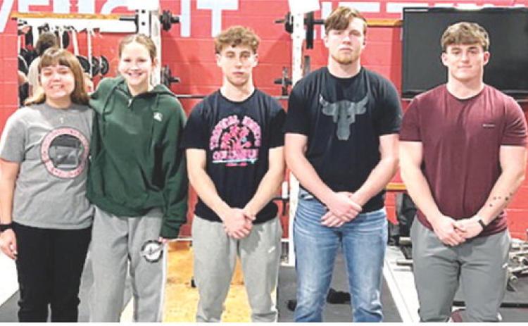 Titan Powerlifters competing virtually at Goddard High School over the weekend were: Mackenzie Richards, junior; Ruby Stover, senior; Lemmie Stone, junior; Brandon Stice, senior; and Sam Carden, senior. The team is preparing for the state meet at Iola in March. Not pictured are Kaden Crafton and Alex Welch. Courtesy photo.