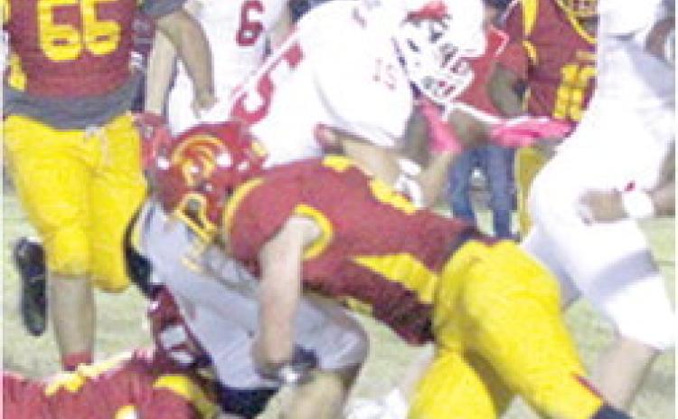 Titan Senior, Shade Schuberger, tackles Lion Senior, Bradley Wade for a loss during the Columbus home loss to Baxter Springs, 7-17, Friday night at Titans Stadium.