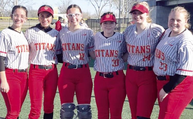 Columbus Lady Titan Seniors, Katy Mooney, Brylie Johnson, Torey Tedlock, Hannah Johnson, Hailey Ediger, and Madisen Rand and the entire team opened their season with a jamboree event in Chanute, Saturday. Columbus is hosting their home opener, Thursday, at the Columbus Community Field Ballpark’s Rockett Field. The varsity game will begin at 4:30 p.m. followed by the junior varsity game. Courtesy photo.