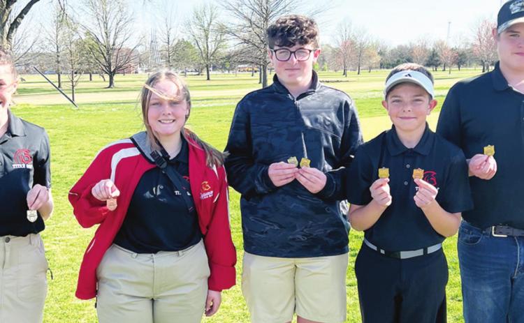 Central Titan Golfers placed first in the Galena Tournament, Thursday, at Shifferdecker Golf Course in Joplin, Mo. Natalie Wary placed first in individual scoring. Team members are: Wary, Emily Buffington, Jett Tanner, Easton Long, and Zane Gray. Courtesy Photo.