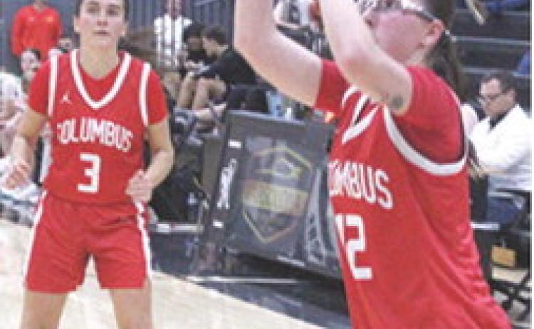 Lady Titan Senior, Torey Tedlock, scores one of her two buckets in the, 32-42, loss in Frontenac. Senior, Brylie Johnson, is in position for an outlet pass and was the games’ leading scorer with 16 points.