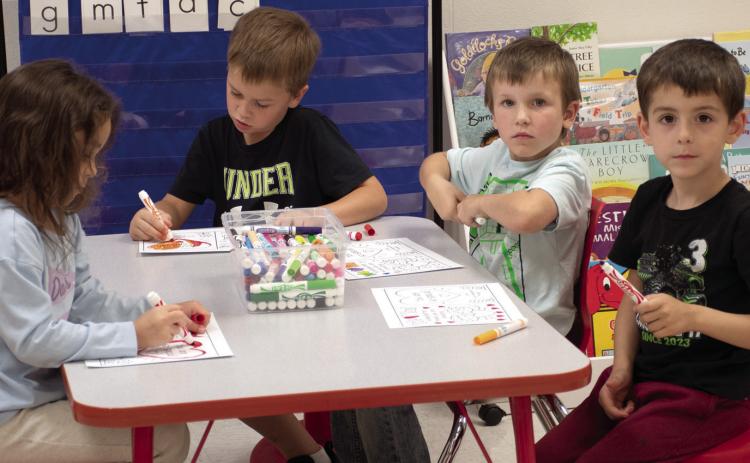 Kindergartners in Christie Saporito’s class worked on coloring cards for residents of Autumn Place in Columbus as part of the Community Day of Service October 7. Students Avrey Rawlins, Kayson Newcomb, Auggie Clark and Jimmie Robinson worked diligently on their cards.