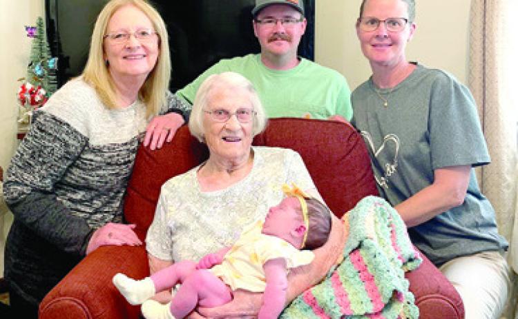 Five generations gathered to welcome Jean Louise Westervelt. She was born April 18, 2023 and is the daughter of Peter and Jaycie Westervelt of Columbus. Grandmother Jennifer Westervelt (at right) and great-grandmother Debie Cornog (at left) also of Columbus and great-great grandmother Anita Shufelt of Edna, holding Jean. Not pictured, Jayce Westervelt. Courtesy photo.