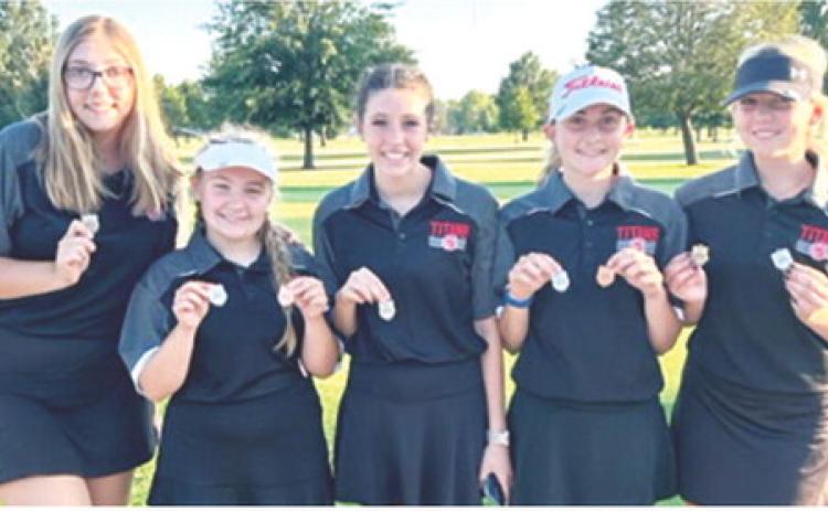 The Lady Titan placed second at the Galena Invitational, Thursday at Schifferdecker Golf Course in Joplin, Mo. Columbus was second behind St. Mary’s-Colgan. Senior, Reese Grundy place second in the individual standings. Team members are: Anna Head, Amory Neely, Natalie Wary, Mallory Thompson, and Reese Grundy. Courtesy photo.